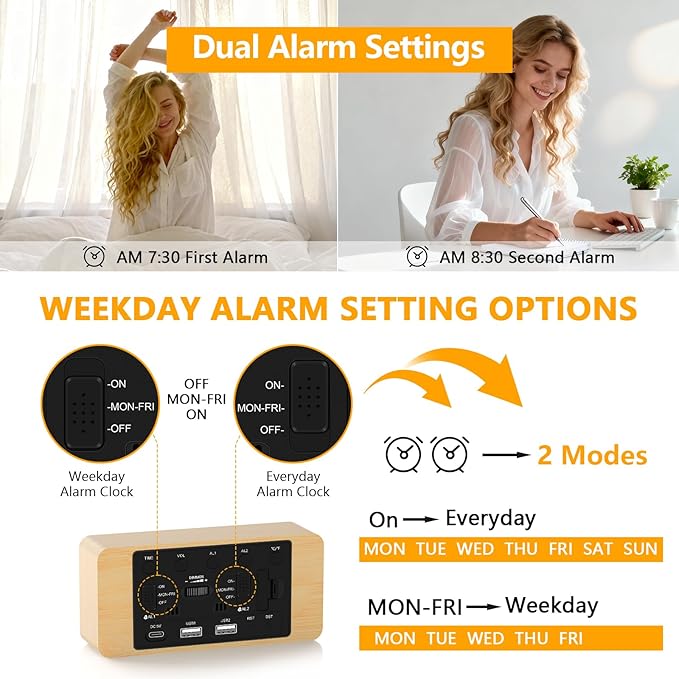 Fomobest Wooden Digital Alarm Clock for Bedroom -Desk Clock with Date, Day of Week, Temperature, Dual Alarms, Dimmer, USB Port Charge, DST, Adjustable Volume for Living Room/Office Wood Decor (Bamboo)