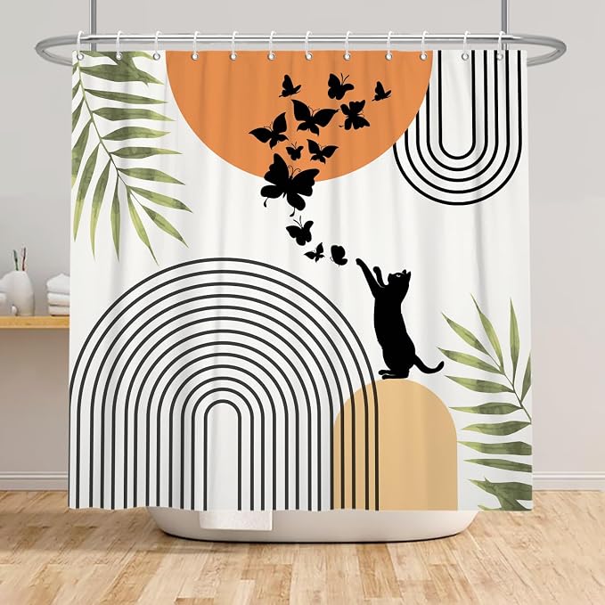 Mid Century Cat Shower Curtain Abstract Boho Geometric Minimalist Black Cat Butterflies Green Leaf Aesthetic Shower Curtain for Bathroom Decoration Accessories with Hooks 72x78 inch