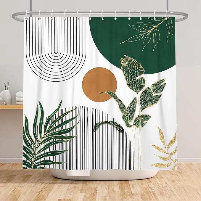 Mid Century Boho Modern Shower Curtain for Bathroom Abstract Sun Arch Geometric Leaves Minimalist Shower Curtain Set Waterproof Polyester Fabric 72x78 Inches