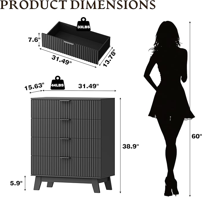 BORNOON 39" Tall Dresser for Bedroom, 4-Drawer Fluted Chest of Drawers, Modern Wood Highboy with Deep Storage, Metal Slides & Handles, Anti-Tip Kit, Vertical Clothes Organizer for Apartment, Nursery