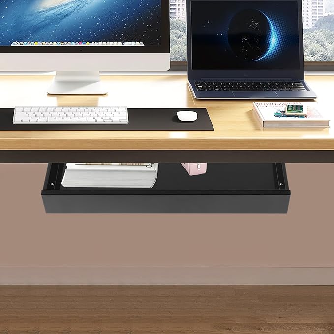 21.6" Under Desk Storage Drawer, Black Sliding Pull-Out Drawer for Sit Stand Workstation