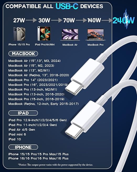 USB C to USB C,240W USBC Cable 10FT Long Type C to C Cable Fast Charging for Macbook Pro/Macbook Air,iPad Pro 12.9inch,iPhone 16 15 Pro Max Plus,Samsung Galaxy S23,Compatible 140W/100W/65W/45W/35W/20W
