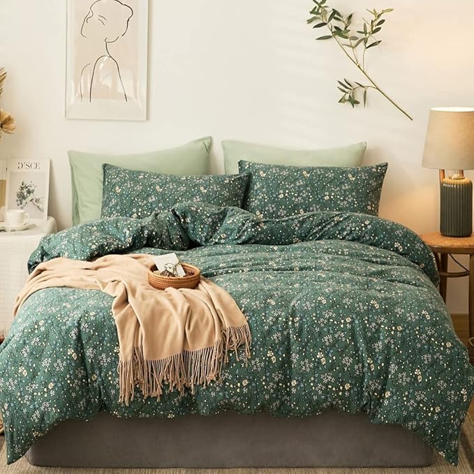 EAVD Vintage Style Green Floral Duvet Cover Twin XL Jersey Cotton Cottagecore Bedding Set with 2 Pillowcases Chic Shabby Botanical Floral Comforter Cover with Zipper Closure
