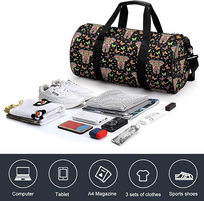 Foldable Gym Bag Elephant Butterfly Art Lightweight Travel Sports Bag Carry On Weekender Overnight Bags Beach Yoga Bags