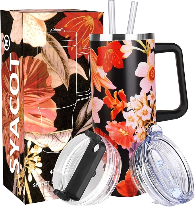 SYACOT 40 oz Tumbler with Handle and Straw Stainless Steel Insulated Tumbler Leak Proof Lid and Straw Lid Reusable Travel Mug Coffee Mug Cup Dishwasher Safe Keep Drinks Cold and Hot (Jasmine)