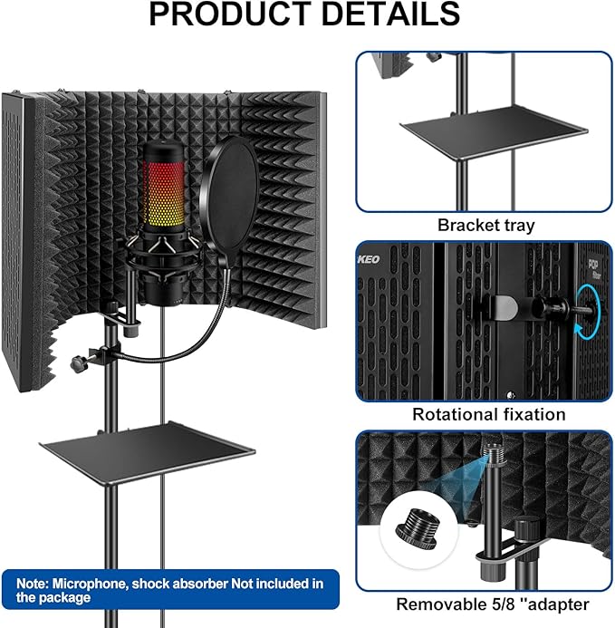 Aokeo Studio Recording Microphone Isolation Shield with Pop Filter & Tripod Stand, High Density Absorbent Foam to Filter Vocal, Foldable Sound Shield for Blue Yeti and Condenser Microphones