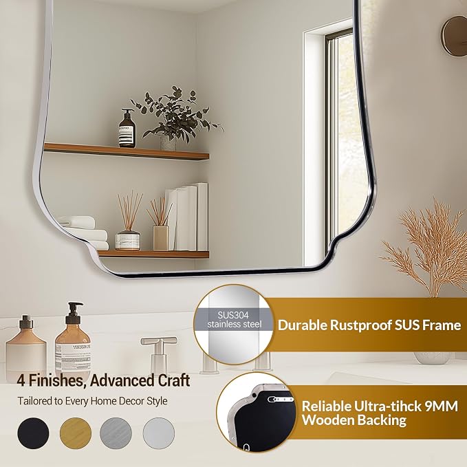 ANDY STAR Large Chrome Bathroom Mirror, 30x48Inch Polished Chrome Mirror, Scalloped Bathroom Mirror with Stainless Steel Metal Frame, Rust-Proof Frame Deep 1’’