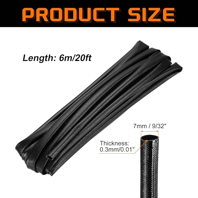 MECCANIXITY 20ft Braided Cable Sleeve, 9/32" ID 200C High Temperature 1500V Fiberglass Wire Insulation Cord Protector Organizer Wires Management for Motor Engine Fuel Line, Black