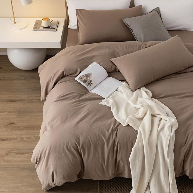 JIYUAN 100% Washed Cotton Duvet Cover Set 3 PCS Oversized King Plus, 1 Duvet Cover 128"x120"(Comforter Not Included) and 2 Pillowcases,Linen Feel Bedding Set Comfy and Breathable,Light Brown