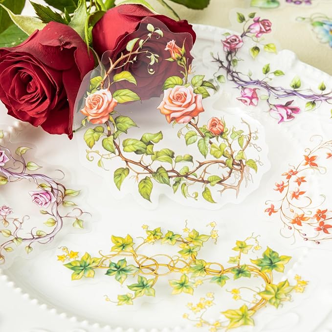 AuriicLeaf Floral Vine PET Stickers, 120 Pcs Large Botanical Ephemera for Scrapbooking, Journaling, DIY Crafting, and Art Supplies