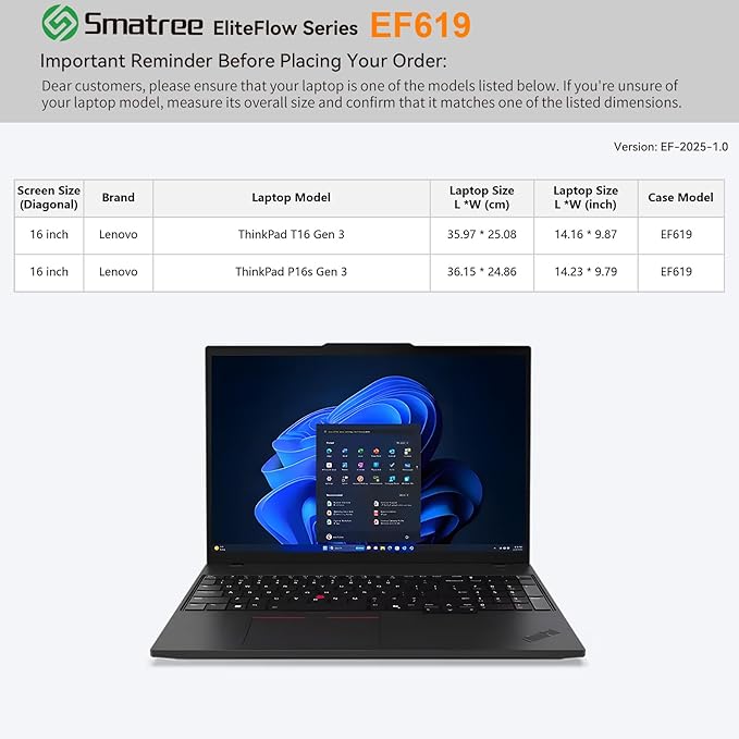 Smatree EliteFlow Laptop Sleeve Case for 16 inch Lenovo ThinkPad T16/P16s Gen 3, Slim Protective Laptop Case with Accessory Pocket and Handle, Patented Super-Corner Shock Protection (EF619)