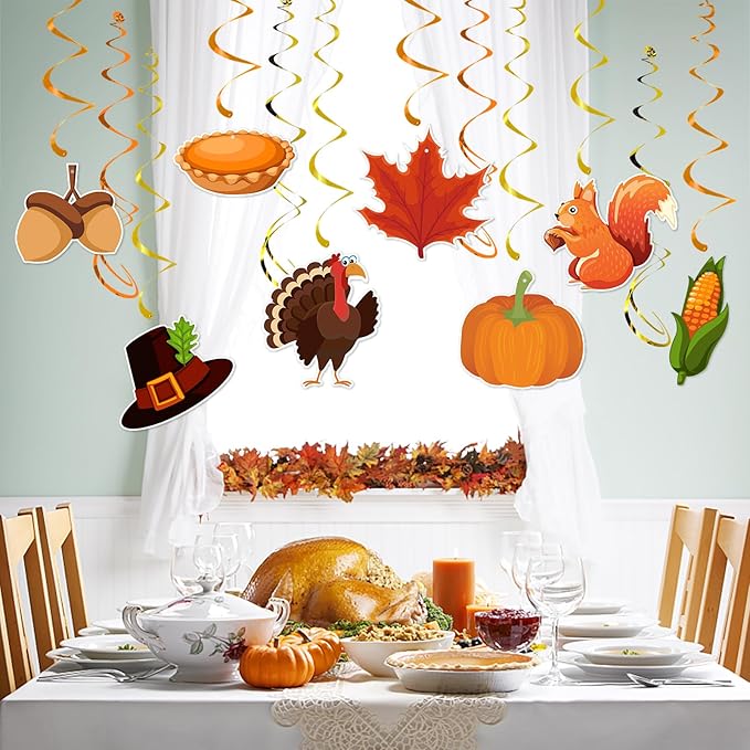 Thanksgiving Fall Hanging Swirls Party-Decorations - 24Pcs Streamers Garland,Turkey Maple Squirrel Pumpkin Ceiling Outdoor Indoor Windows Wall Autumn Baby Bridal Shower Wedding Decor Supplies Hugtmr