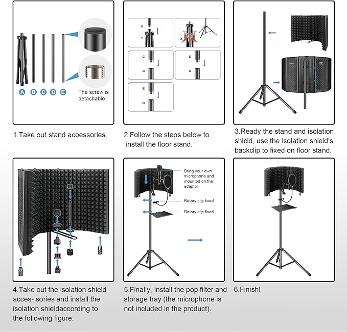 Aokeo Studio Recording Microphone Isolation Shield with Pop Filter & Tripod Stand, High Density Absorbent Foam to Filter Vocal, Foldable Sound Shield for Blue Yeti and Condenser Microphones