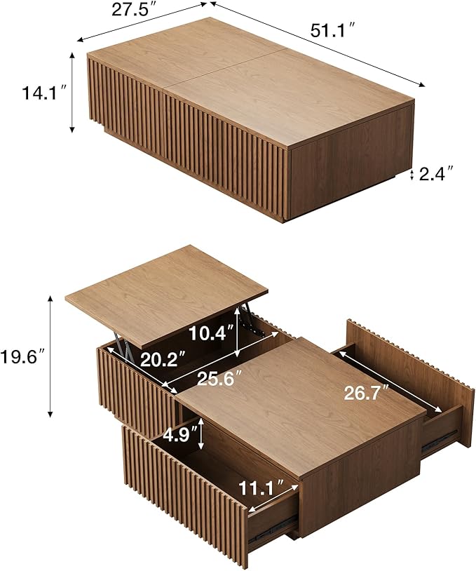NessCarsti 51.1" Mid-Century Modern Lift Top Coffee Table, Walnut Rectangular Center Table with Hidden Storage & Drawers, for Living Room, Apartment, Office