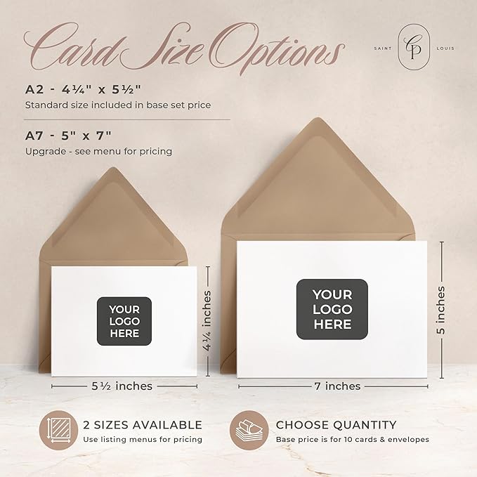 Personalized Logo Stationery, Your Brand, Your Style, Customized Business Cards Business Correspondence, Professional Note Cards & Envelopes, 4.25 x 5.5 or 5x7 inches Card Set - Your Logo FOLDED Cards