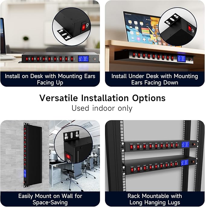 9 Outlet Rack Mount Power Strip with Individual Switches, PDU Surge Protector 15A 125V 1875W, 1U Server Rack Power Distribution Unit with Overload Protection and Power Monitoring, 6.5FT Cord