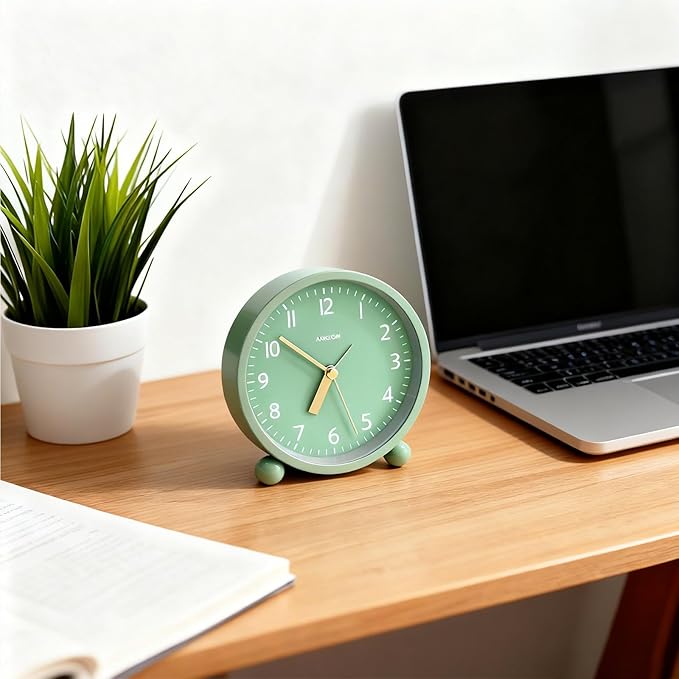 AOKILOM Analog Alarm Clock, Non-Ticking Silent Travel Small Clock, Battery Operated with On-Demand Light, Easy Set Gentle Wake, Ideal Decor for Bedroom, Bedside, Desk,Office (Mint Green)