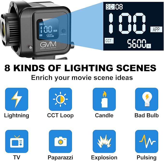 GVM 80W Video Light, Continuous Lighting for Photography with Bowens Mount, 2700~7500K, 44100Lux/0.5m Studio Light with APP, CRI 97+ Bi-Color 8 Scene Lights Support AC Adapter & NP Battery