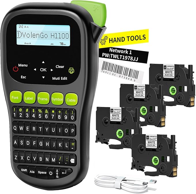 Label Maker Machine with 4 Tapes, Wire Label Maker Waterproof-Labels, Laminated Handheld Label Printer, Backlit & Portable & One-Touch Key, H1100 Labeler for Industrial Office Organization