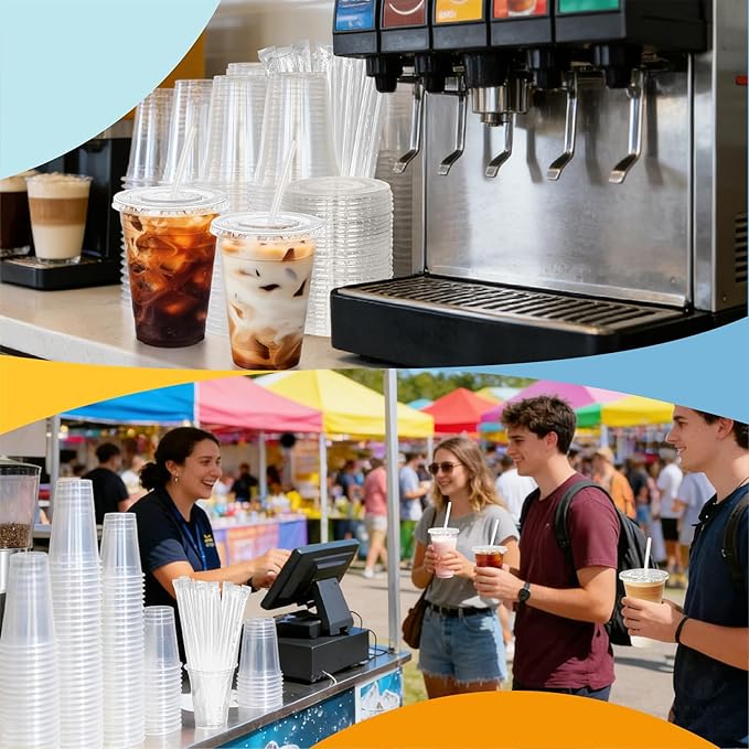 Coolcap 24 oz 100 Pack Disposable Clear Plastic Cups with Lids and Straws, Food Safe Bulk Iced Coffee Cups for Smoothies, Milkshakes and Other Cold Drinks