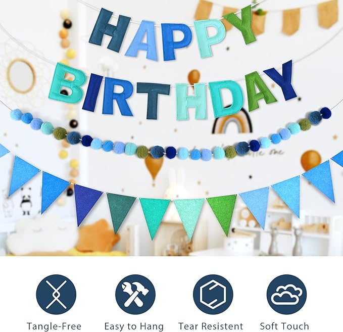 CANREVEL Pre-Strung 3D Happy Birthday Banner, 3 PCS Blue Felt Garland, Pom Pom Garland, Triangle Fabric Bunting, Reusable Blue Birthday Decorations for Boys Men