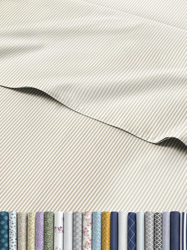 Biege Striped Sheets - Cream Bed Sheet Set - 1 Flat & 1 Fitted & 2 Pillowcases w/ Deep Pockets - Cozy, Wrinkle & Fade Resistant - Soft, Breathable, Cooling - Luxury Pinstripe Bedding - Full Size