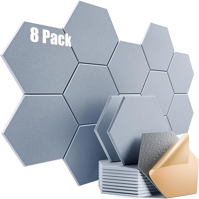 8 Pack Self-Adhesive Acoustic Panels 12" X 10" X 0.4" - Sound Proof Foam Panels for Wall with High Density, Hexagon Design, Flame Resistant, Absorb Noise and Eliminate Echoes(Smoke Gray)