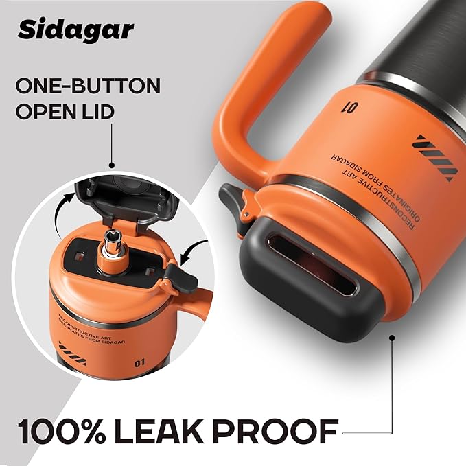 32 oz Stainless Steel Insulated Water Bottle with Handle, Sports Tumbler with Lid and Straw, Push-button Leak-proof Travel Cup, Fits in Car Cup Holder - Dynamic Orange
