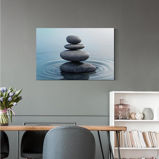 Zen wall art Harmonious grey stones stacked on a calm surface of water Serene Zen decor suitable for tranquil homes and spaces of meditation 16x24in Frameless