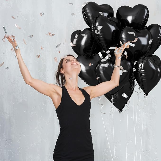 Black Heart Balloons, 18 Inch Black Helium Heart Balloons, 12Pcs Large Black Heart Shape Mylar Balloons, Black Foil Heart Balloons for Boys Men Birthday Graduation Engagement Valentines