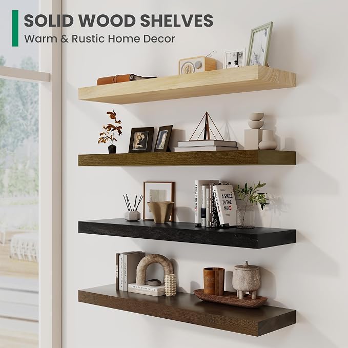 Solid Wood Floating Shelves For Wall, 36”W x 9”D x 1.56”H Large Wall Shelves for Living Room Bedroom Bathroom Kitchen Drcor Storage with Invisible Heavy-Duty Metal Bracket, Natural, Set of 2