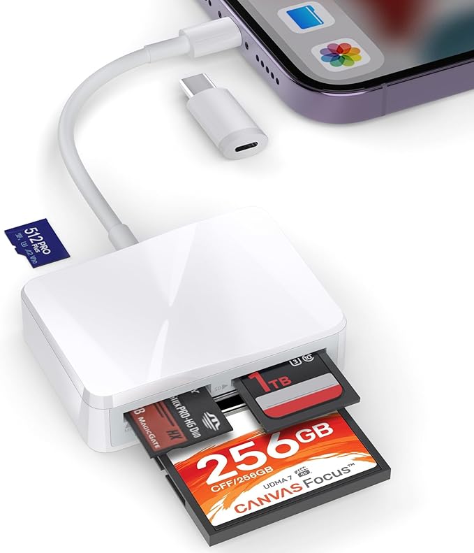 SD Card Reader for iPhone, 4 in 1 USB C and Lightning to CF/SD/MS/TF Card Adapter Memory Card Reader for Camera Adapter Trail Game Camera Viewer for iPad Macbook Plug and Play No App Required