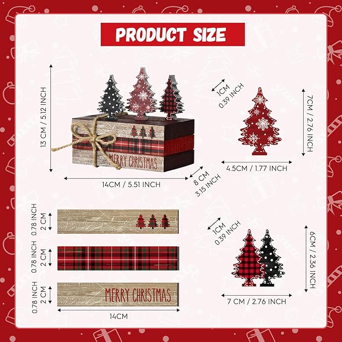 Smile Christmas Wooden Books Stack,Red and Black Check Faux Books Bundle, Trees Tiered Tray Decorations, for Home Table Mantle Shelf.
