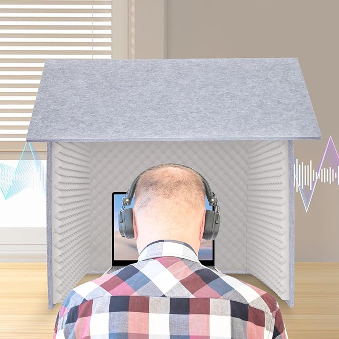 Desktop Soundproof Cover, Portable Vocal Recording Booth Isolation Booth Small Music Recording Studio Vocal Sound Absorbing Shield Sound Proof Foam Panels for Offices,Home,Recording Studios (Gray)