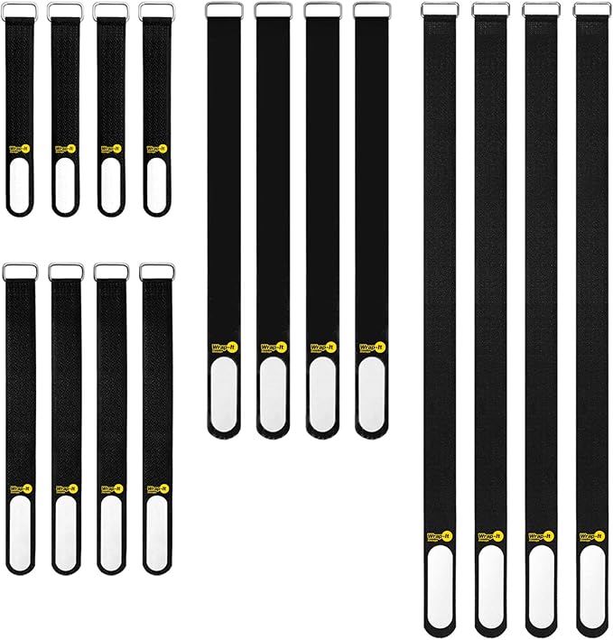 Wrap-It Storage Cinch-Straps (Assorted 16-Pack) Black - Hook and Loop Strap with Write on Label for Easy Cord Identification and Cable Management