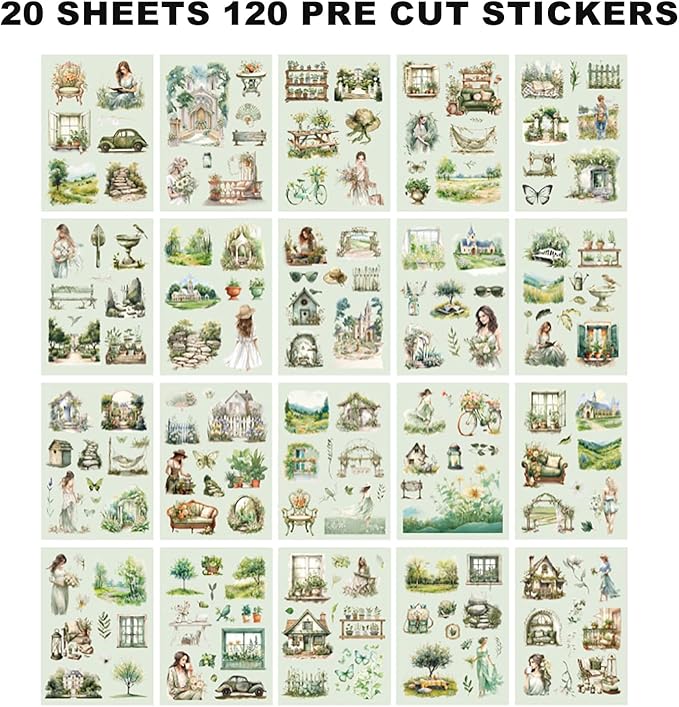 Auguro PET 20 Sheets 120 Pre-Cut Spring Journal Sticker Book for Scrapbooking People Landscape Stickers Transparent Sticker for journaling