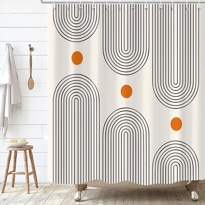 Boho Mid Century Shower Curtain, 60Wx72H Minimalist Abstract Arch Sun Modern Washable Waterproof Polyster Stall Size for Bathroom with Hooks