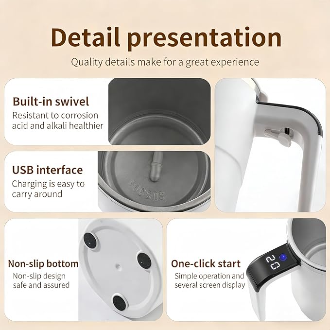 Automatic Magnetic Stirring Coffee Mug with Temperature Display, Rechargeable Self Stirring Mug, Portable Coffee Mug for Home Office Travel (White)