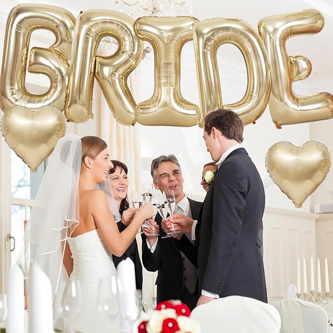 40inch Champagne Gold BRIDE Letter Balloons, Giant Light Gold Bride Foil Helium Balloon Banner with Heart Balloon for Bride to Be Wedding Engagement Bridal Shower Gold Bachelorette Party Decoration