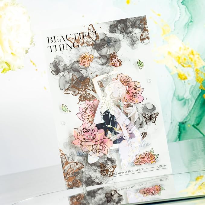 AuriicLeaf Watercolor Floral PET Sticker Set, 60PCS Gold Foil Flower Stickers for Scrapbooking, Journaling, DIY Crafts, Decorative Collage, Planner, and Art Supplies