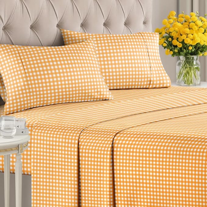 Yellow Gingham Sheets - 1 Flat & 1 Fitted Sheet & 2 Pillowcases w/ Deep Pockets - Grid, Plaid, Checkered Pattern Bed Set - Comfy, Wrinkle & Fade Free - Ultra-Soft, Breathable and Cooling - Queen Size