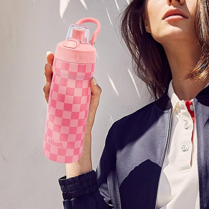Magnetic Water Bottle with Straw 18 oz - Stainless Steel Insulated Tumbler for Gym & Bike (Fits Holders) - Leak Proof Pop-Up Lid, 2-in-1 Sip or Chug, Handle & Cute Pink Checkered Print
