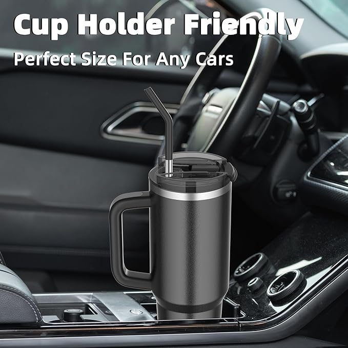 40 oz tumbler with handle and straw,Double Wall Vacuum Reusable Stainless Steel Insulated Water Bottle,With Leak Proof lid and Straw for Iced or Cold Beverages (Black)