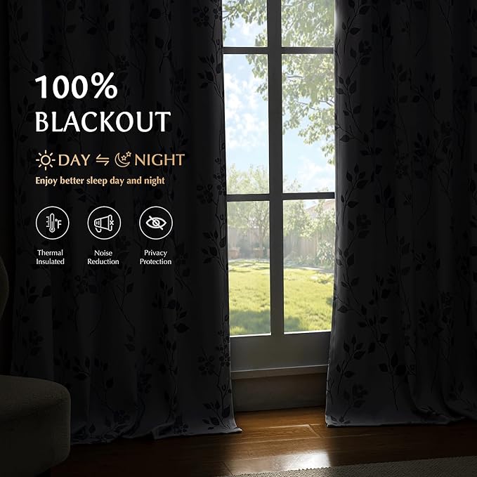 Beauoop Floral 100% Blackout Curtains 63 Inch Length 2 Panels for Bedroom Living Room Grey White Flower Patterned Room Darkening Thermal Insulated Soundproof Grommet Window Treatments Drapes, 52X63