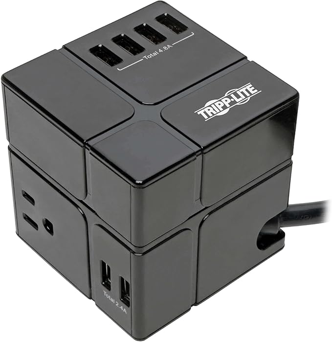 Tripp Lite 3 Outlet Surge Protector with USB, Detachable Wall Outlet Surge Protector, 6 USB Ports, 6 ft. Cord, 540 Joules, Black, TLP366CUBEUSBB