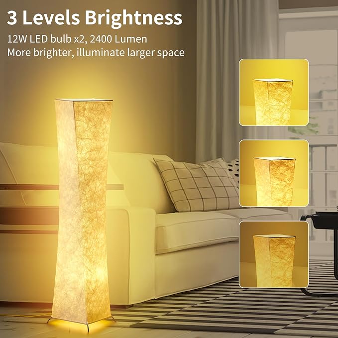chiphy Floor Lamp, Dimmable 52" (M) Tall Standing Lamp, 3 Levels Adjustable Brightness 12Wx2 LED Bulbs, Column Floor Light w/White Fabric Shade, Home Decor for Living Room, Bedroom