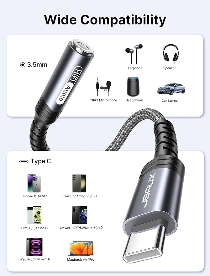 JSAUX 2-Pack USB Type C to 3.5mm Female Headphone Jack Adapter, USB C to Aux Audio Dongle Cable Cord Compatible with iPhone 15 Pro Max/15 Pro/15 Plus/15, Samsung Galaxy S23/S22, iPad Pro, Pixel -Grey