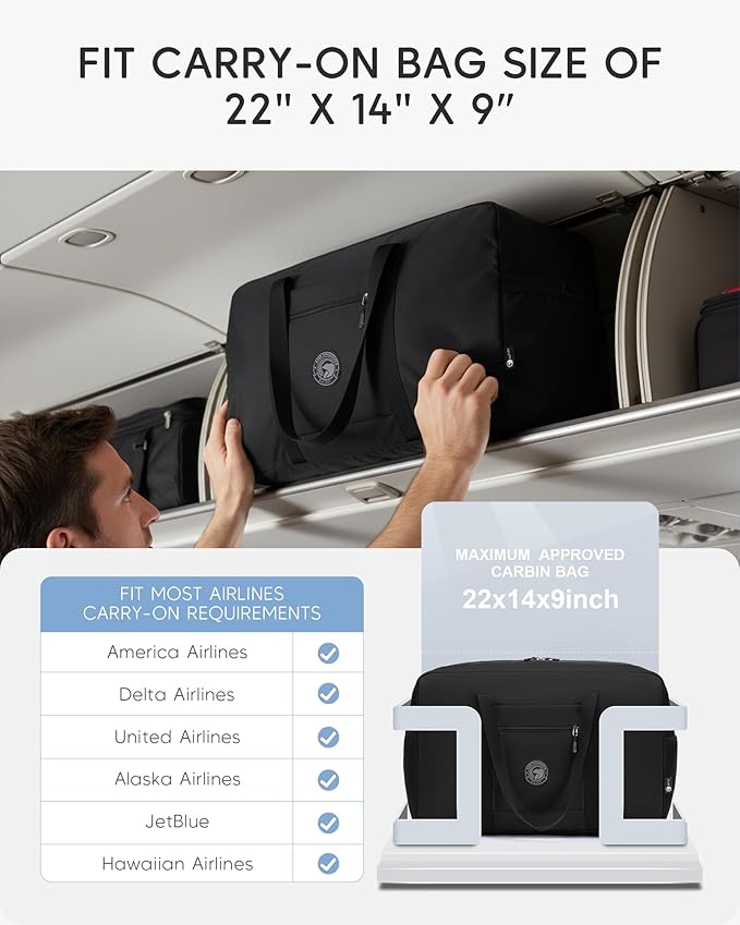 Carry on Bag 22x14x9 Airlines Approved, 48L Canvas Travel Duffel Bags for Men Women Duffle Bag for Airplane Weekender Overnight Gym (Black)