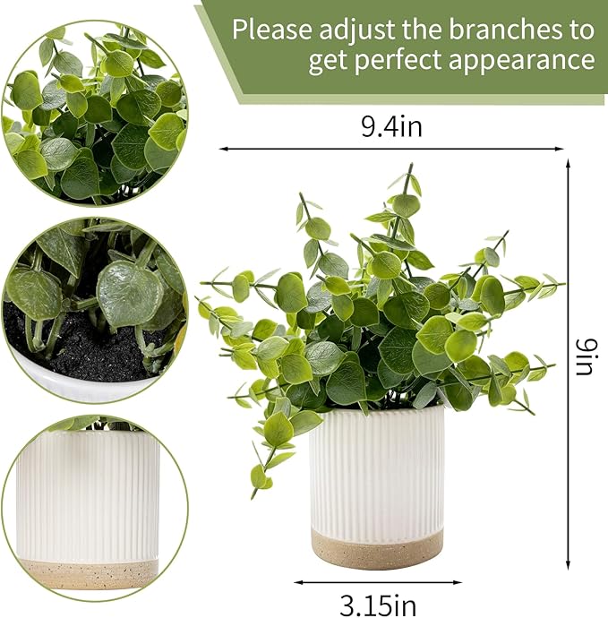 Coferset Small Fake Eucalyptus Potted Plants 9.5" Indoor Fake Plants Small Artificial Eucalyptus with Ceramic Pot-Realistic Greenery for Shelf Office Desk Home Bathroom Table Decor