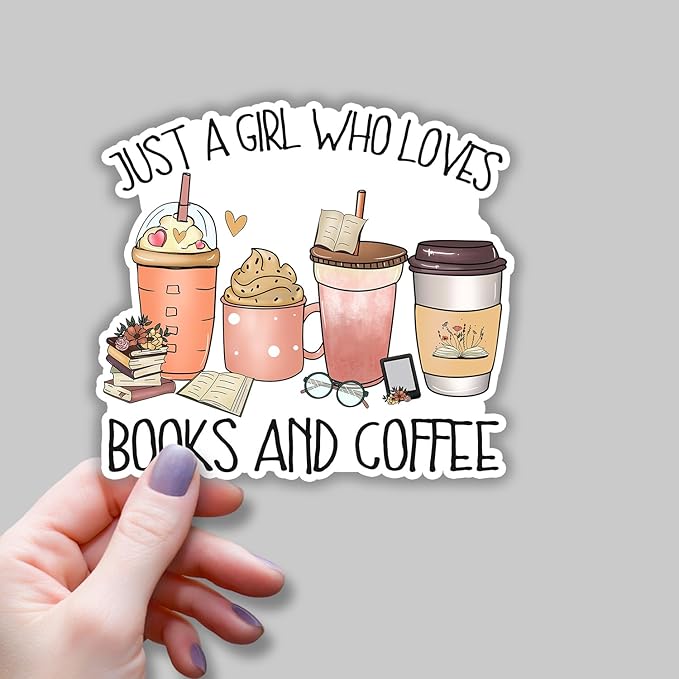 (3pcs) Just A Girl Who Loves Books and Coffee Sticker for Kindle Laptop Water Bottle, Reading Bookish Booktrovert Coffee Caffeinated Lovers Sticker Funny Aesthetic Book Lover Vinyl Decal - 3x3